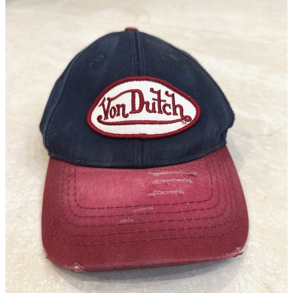 Von Dutch Distressed Red Blue Denim Strap back hat One Size Cap